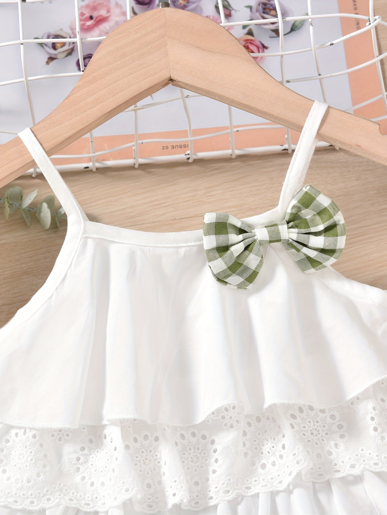 Cute Ruffle Lace Top & Check Shorts Two-Piece Set - White Blouse with Yellow Bow, Yellow & White Gingham Shorts, Perfect for Spring/Summer, Casual Playwear|Ruffle Detail Top|Nonstretch Fabric, for Outdoor