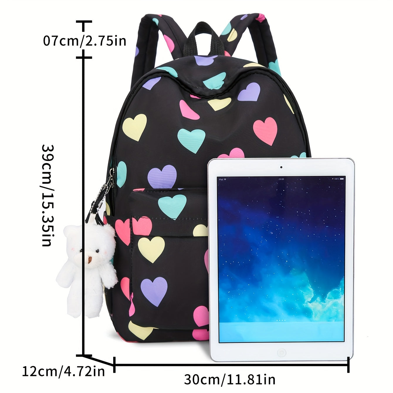 Multi-Color Hearts Pattern Design Backpack, Korean Style, Large Capacity, Simple And Lightweight Backpack