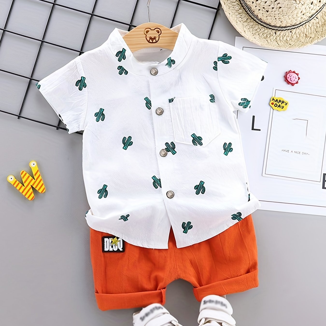 2pcs Baby Boys Dinosaur Print Button Short Sleeve Shirt Top & Elastic Waist Shorts Set Toddler Summer Clothes For Daily & Outdoor Wear