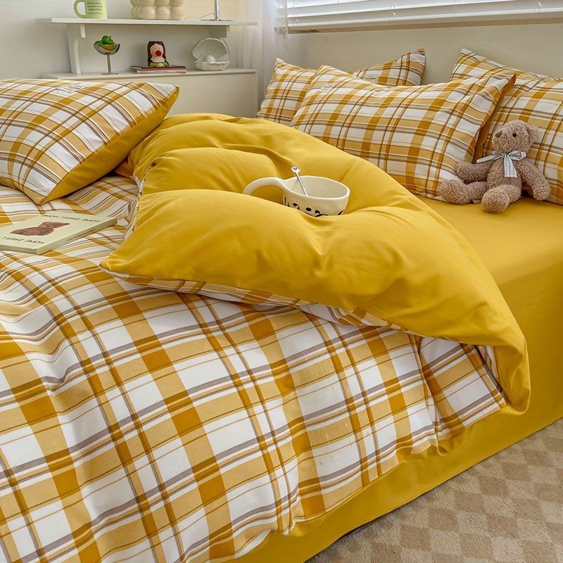 4pcs quilt set (1*quilt cover + 1*bed sheet + 2*pillowcases, excluding quilt core), yellow and white line printed bedding set, soft and comfortable four-season quilt cover, suitable for bedroom and guest room