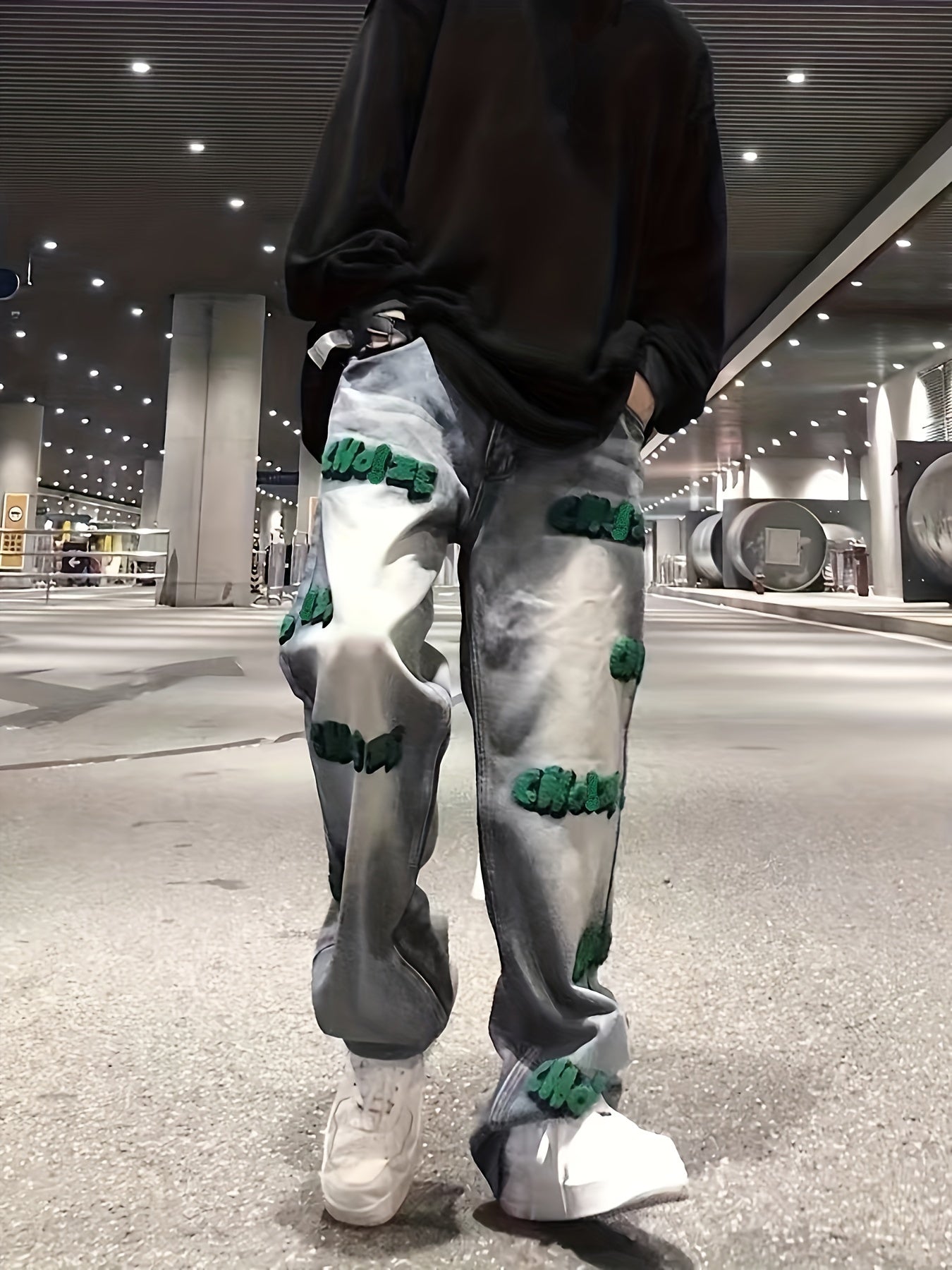 Embroidery Cotton Baggy Jeans, Men's Casual Creative Street Style Denim Pants For Spring Summer
