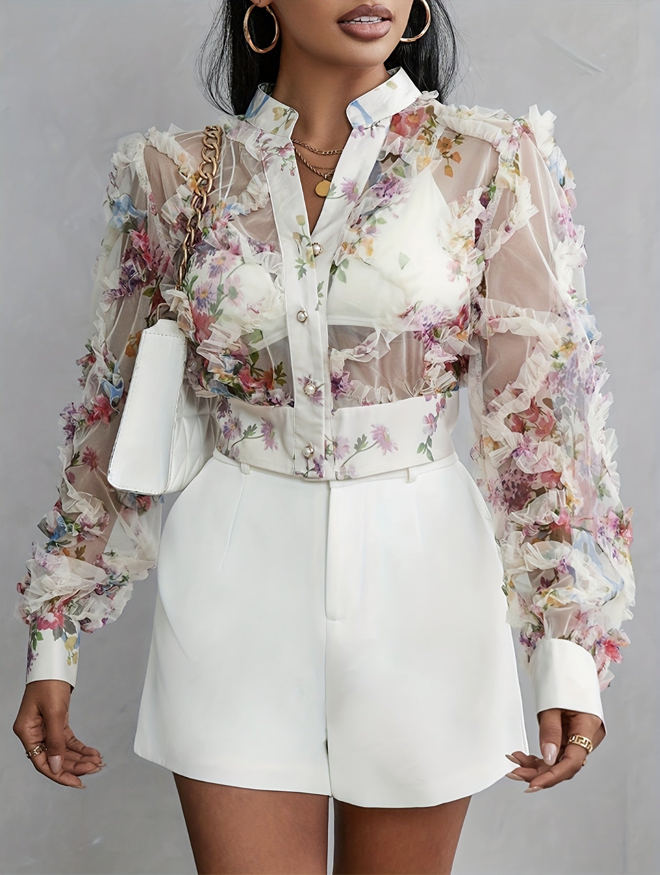 Floral Pattern Frill Trim Mesh Blouse, Sexy Long Sleeve Button Up Sheer Blouse, Women's Clothing