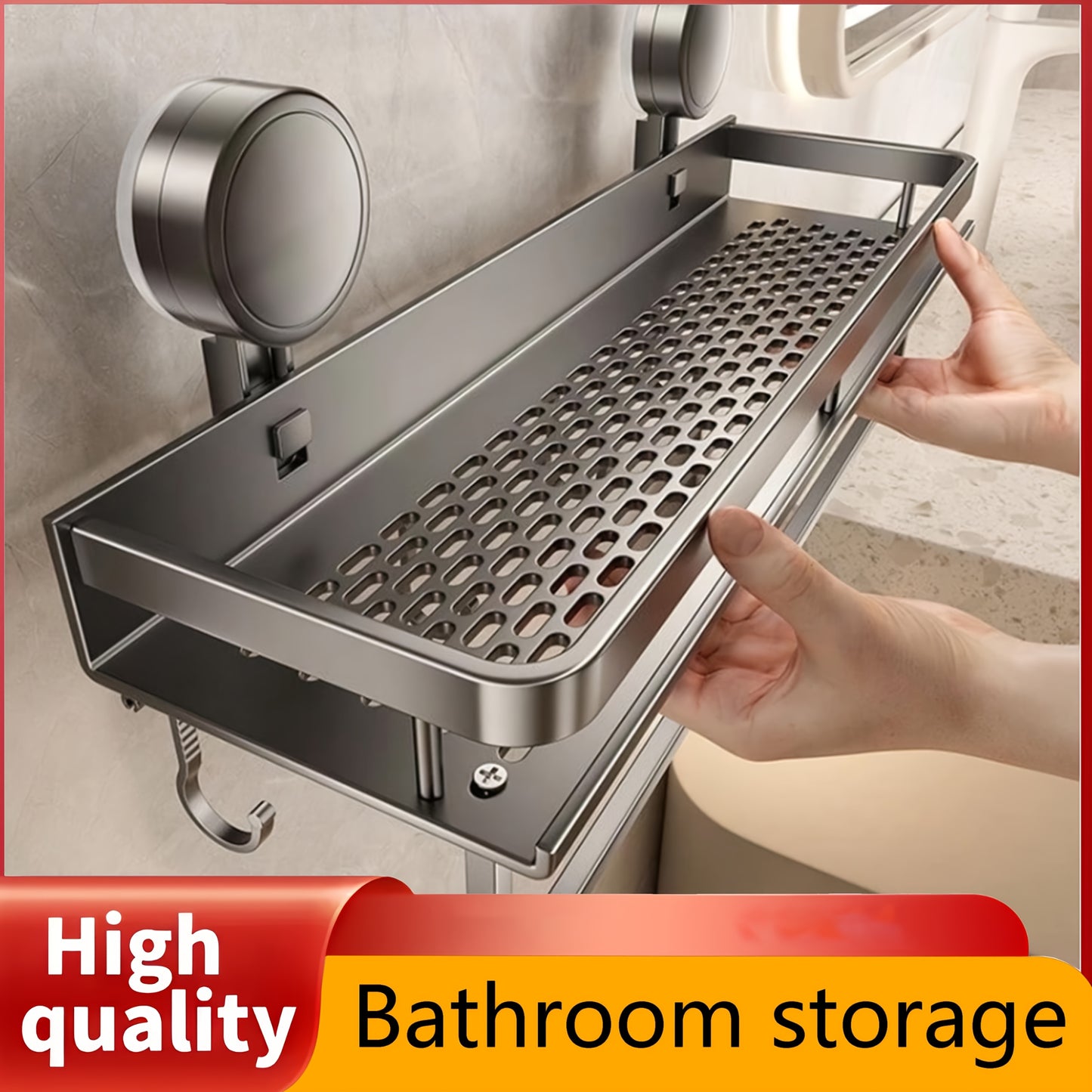 1pc Rustproof Wall Mount Shower Caddy with Suction Cups - Heavy-Duty Polished Finish Floating Shelf with Towel Hooks, Space-Saving Bathroom Organizer for Shampoo, Soap, and Accessories, Bathroom Organizers And Storage, Bathro