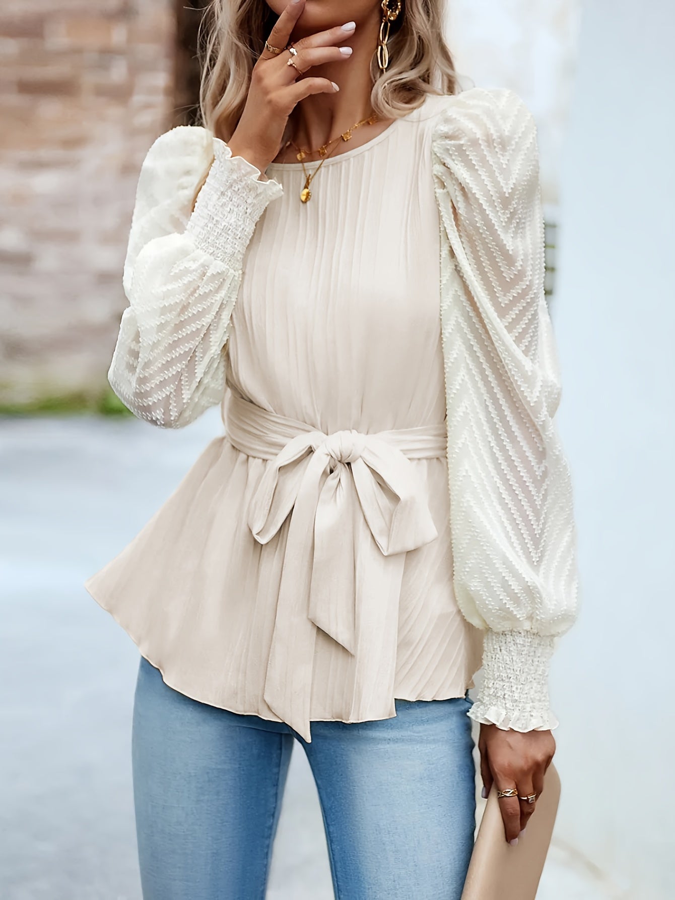 Mesh Stitching Crew Neck Belted Blouse, Elegant Long Sleeve Blouse For Spring & Fall, Women's Clothing