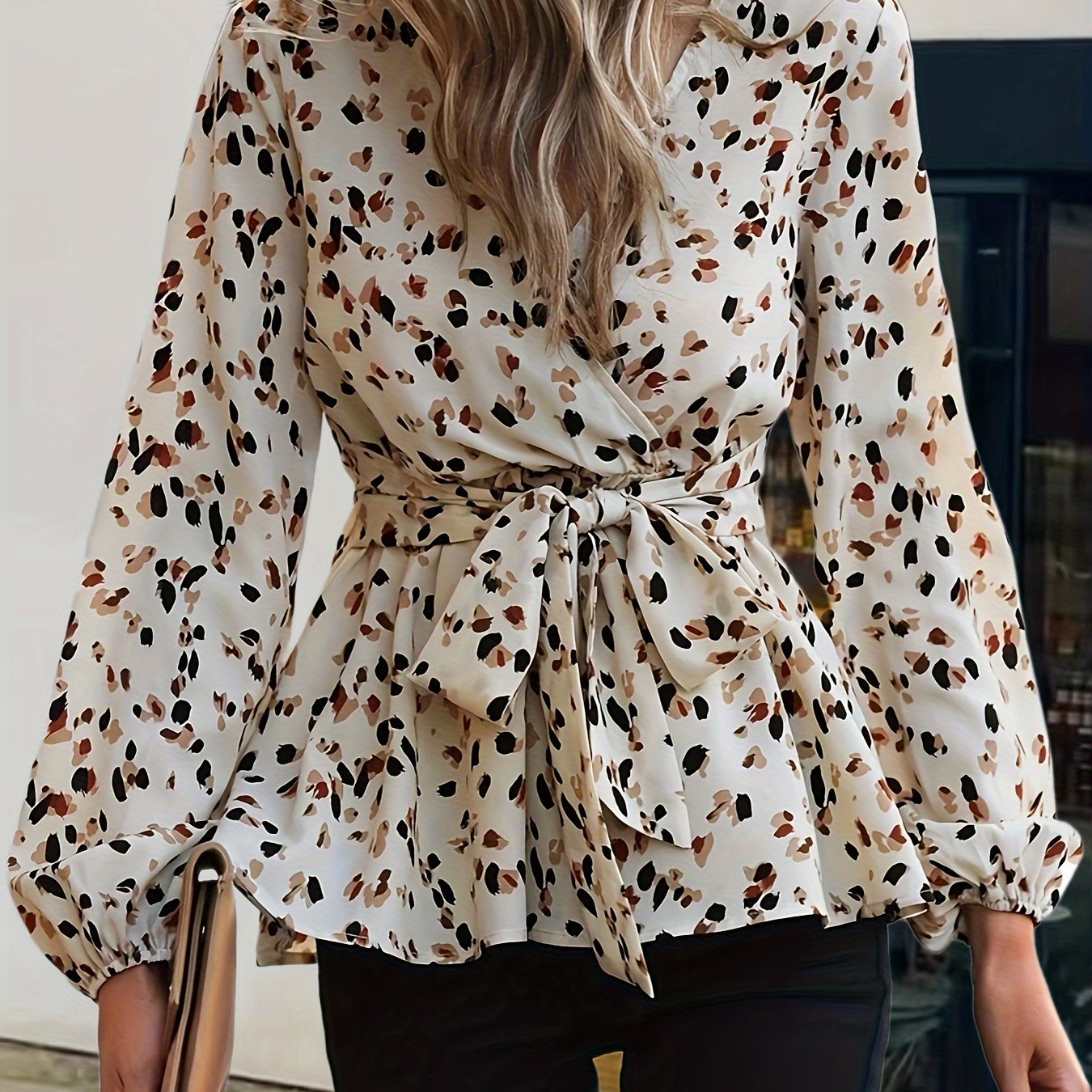 Allover Print Tie Waist Blouse, Vintage V-neck Lantern Sleeve Blouse For Spring & Fall, Women's Clothing