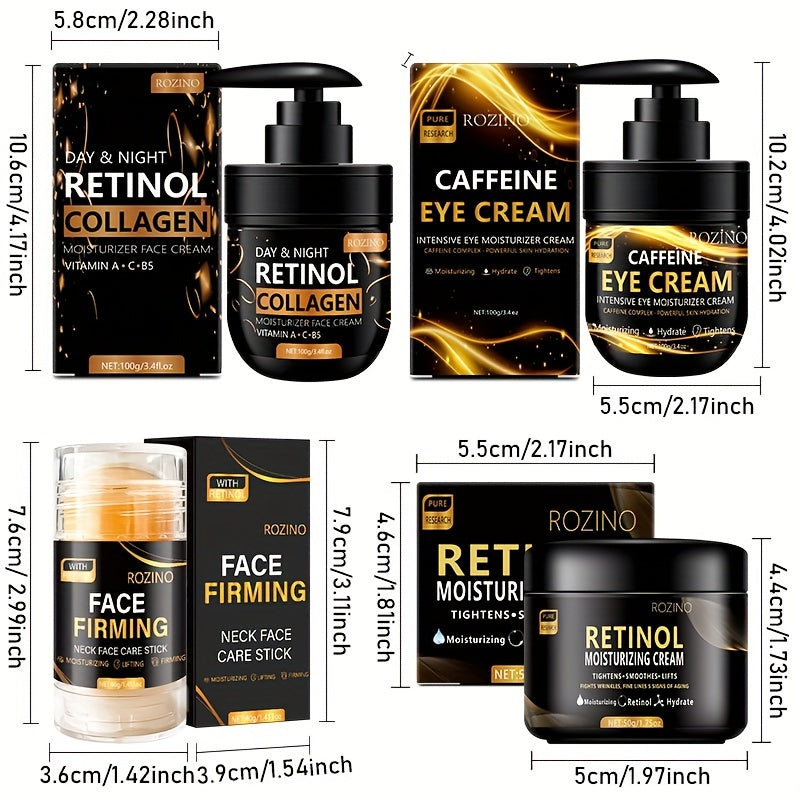 Instant 4pcs Retinol Skincare Set Firming, Moisturizing & Firming, Includes Caffeine Eye Cream, Face Cream, Moisturizing Cream, Facial and Neck Care Stick, farewell to dry, dullness, and sagging, instant touch Lift, deeply hy