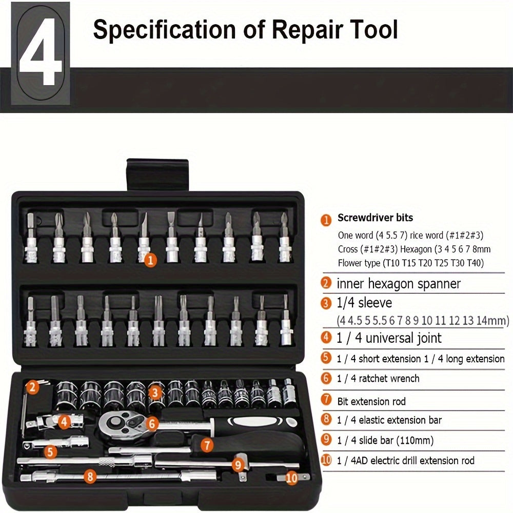 46pcs Motorcycle And Car Repair Toolkit: Ratchet Torque Wrench, Wrench, Screwdriver, Socket Set - Perfect For Motorcycle And Car Repairs!