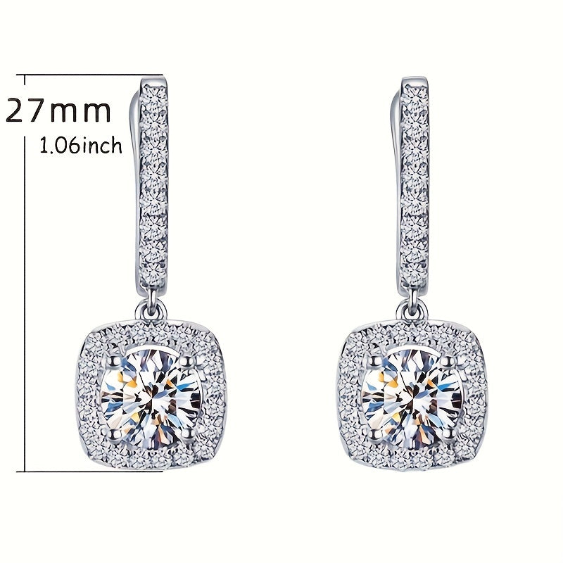 Sterling 925 Silver Ear Jewelry Square Shape Shiny zirconia Decor Dangle Earrings Luxury Style Banquet Party Ear Ornaments