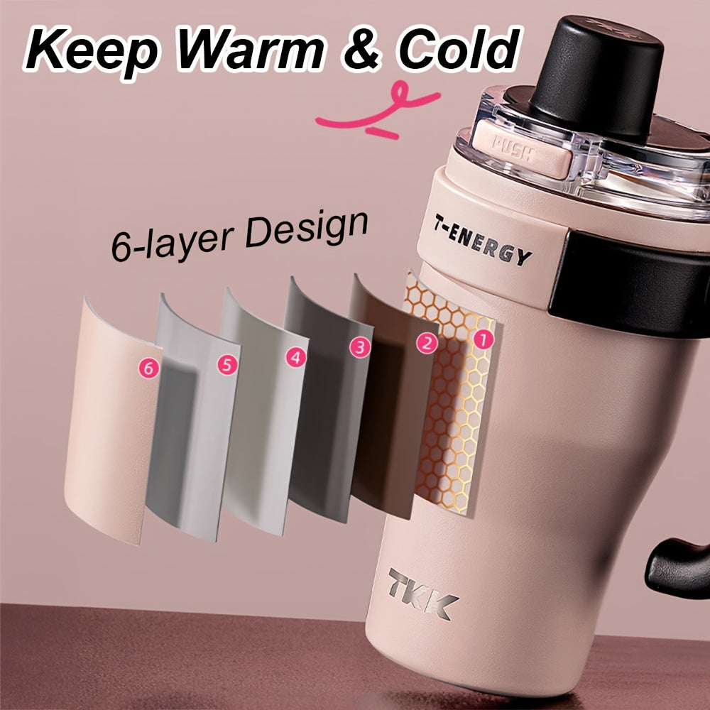 800ml/1200ml Large Capacity Ceramic Coating Liner Stainless Steel Cup Vacuum Keep Warm Cold Mug Cup with Straw Lid Handle for Coffee Coke Carbonated Beverages Ice Leakproof for School Office Outdoor Yoga sports, Travel Coffee