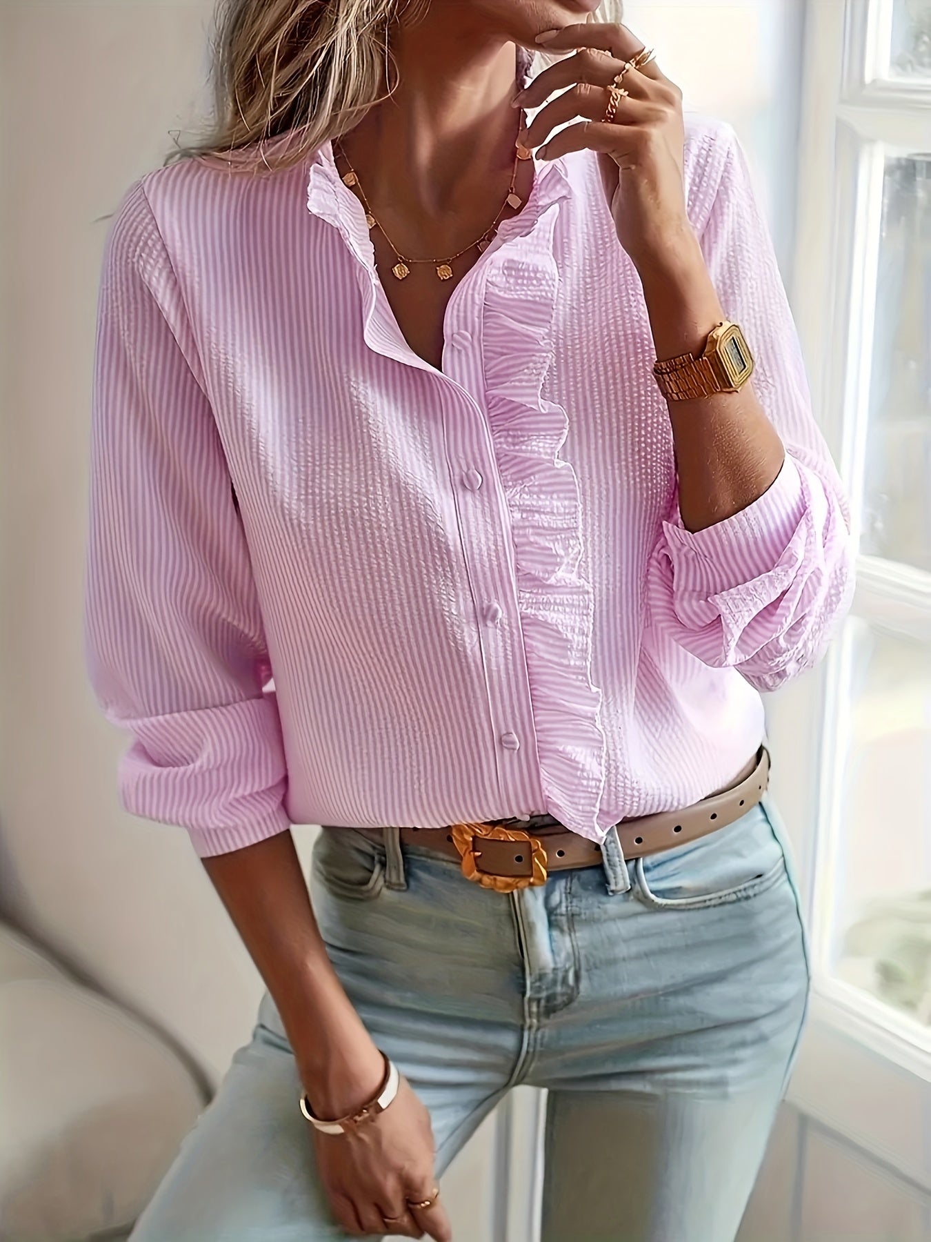 Striped Print Ruffle Trim Blouse, Elegant Long Sleeve Button Front Blouse For Spring & Fall, Women's Clothing