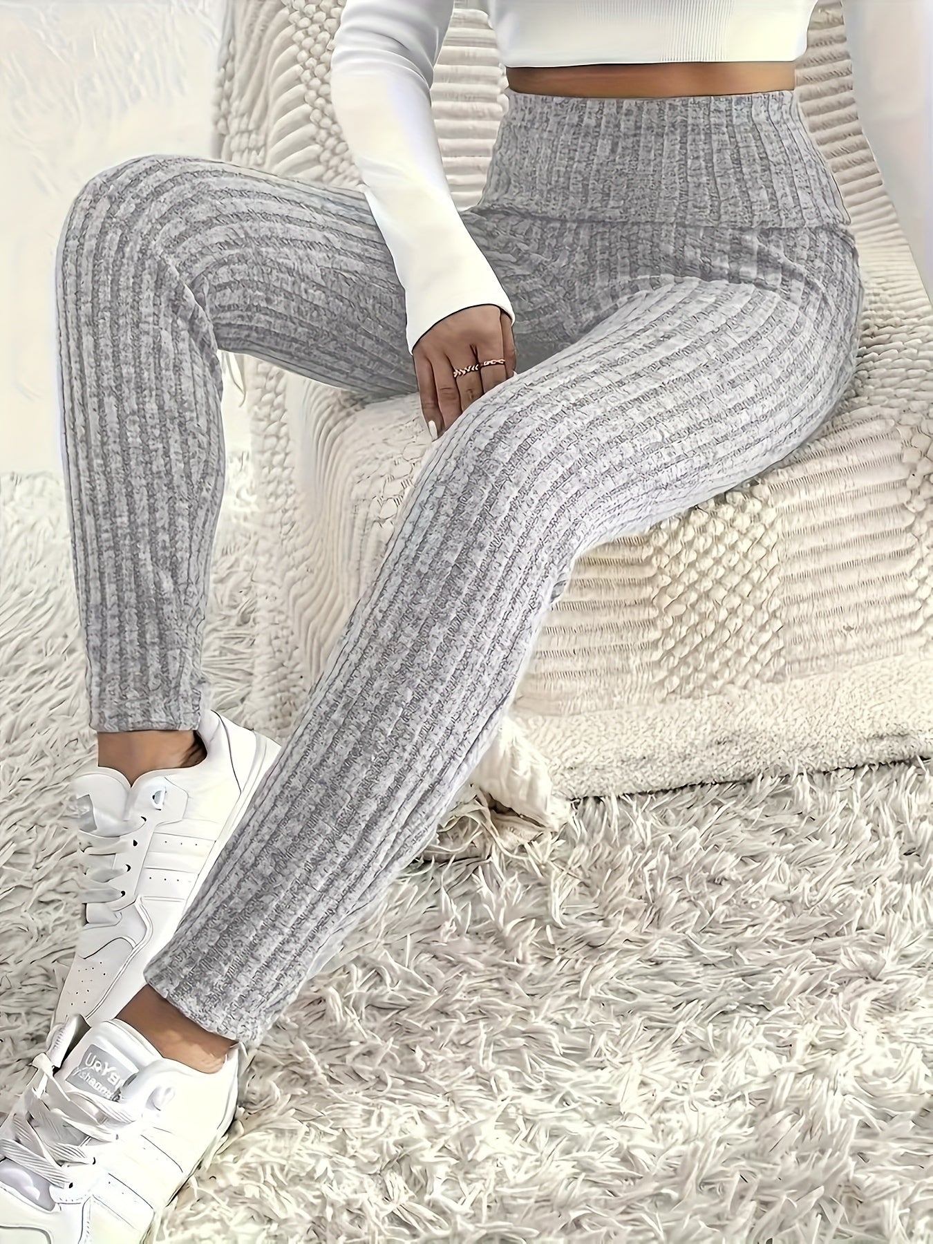 Leggings Femininas de Cintura Alta em Malha Canelada – Pack 3