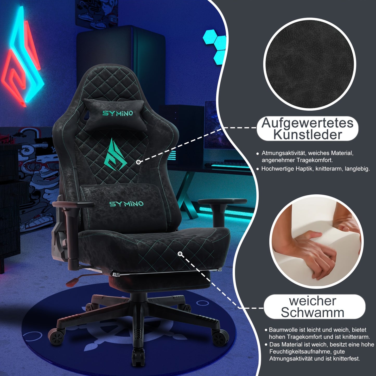SYMINO Ergonomic Gaming Chair - Vintage Faux Leather, Adjustable Racing Chair Design with Headrest and Footrest, Rotating Task Chairs for PC & Office Use, Black with Teal Accents, Gaming Chair for Adults