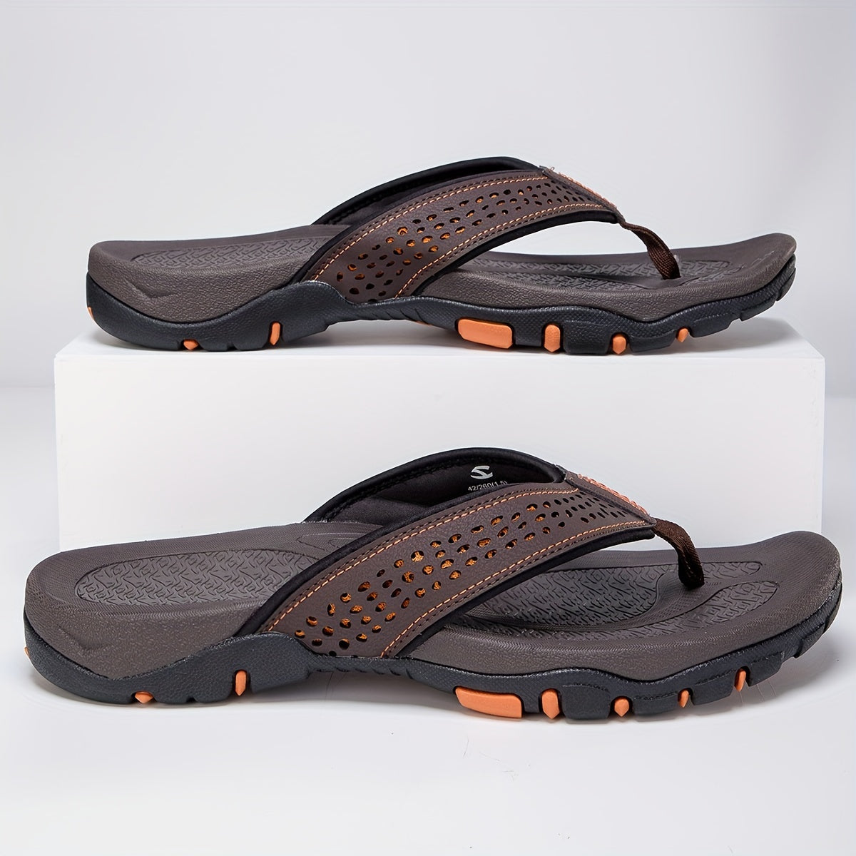 Men's Breathable Slip-On Sandals - Comfortable Non-Slip Beach Slippers with TPR Sole & EVA Cushion, Textured Traction Design, Durable PU Upper, Brown/Orange Accents - Extended Sizes Available, Summer Footwear | Stylish Comfor