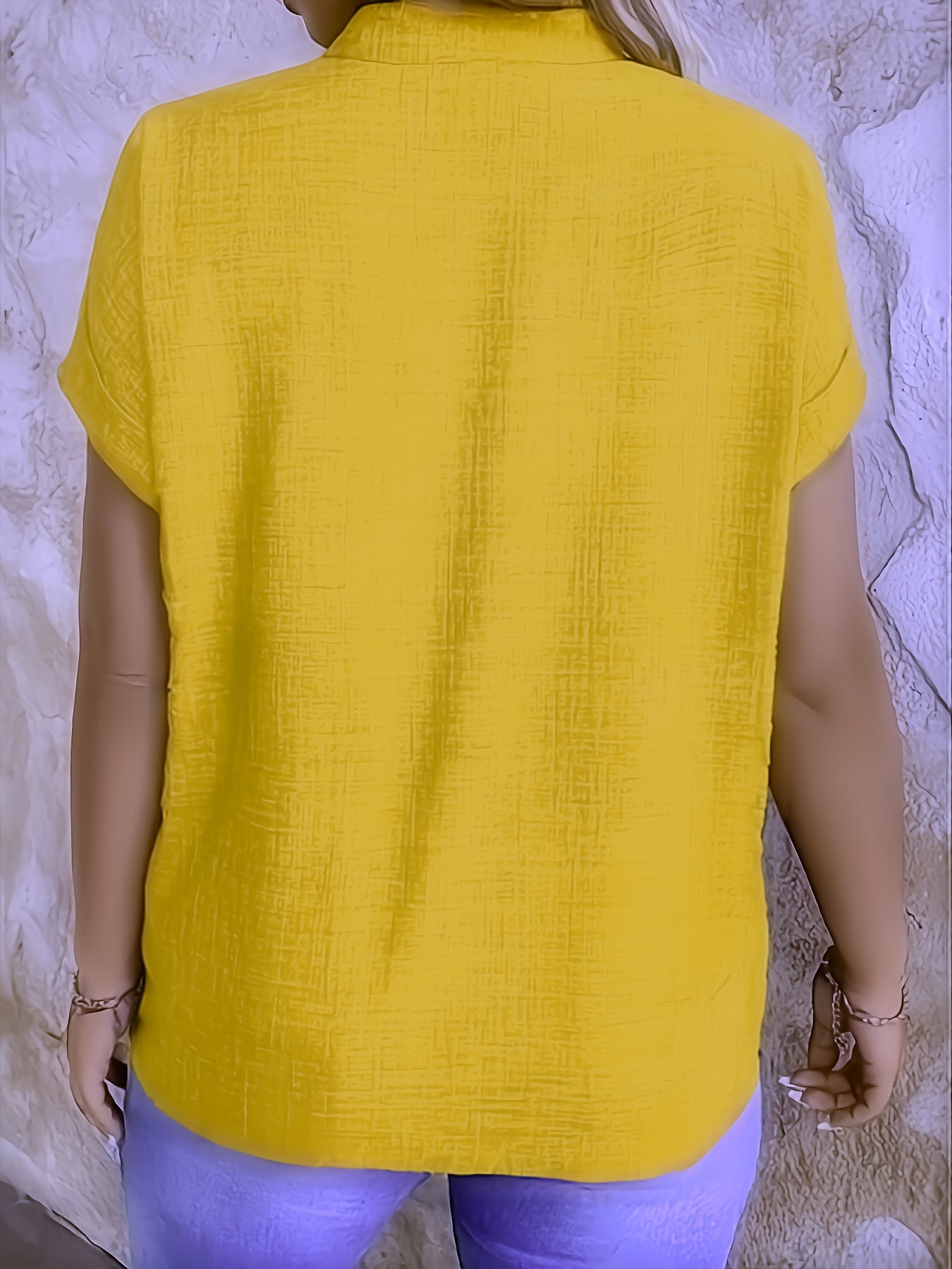 Women's Casual V-Neck Blouse with Small Stand-Up Collar - Vibrant Yellow Solid Color, Regular Fit, Machine Washable, Versatile for Spring Summer Fall, Seasonal Fashion Top, Sophisticated Casualwear, Lightweight Fabric, Everyd