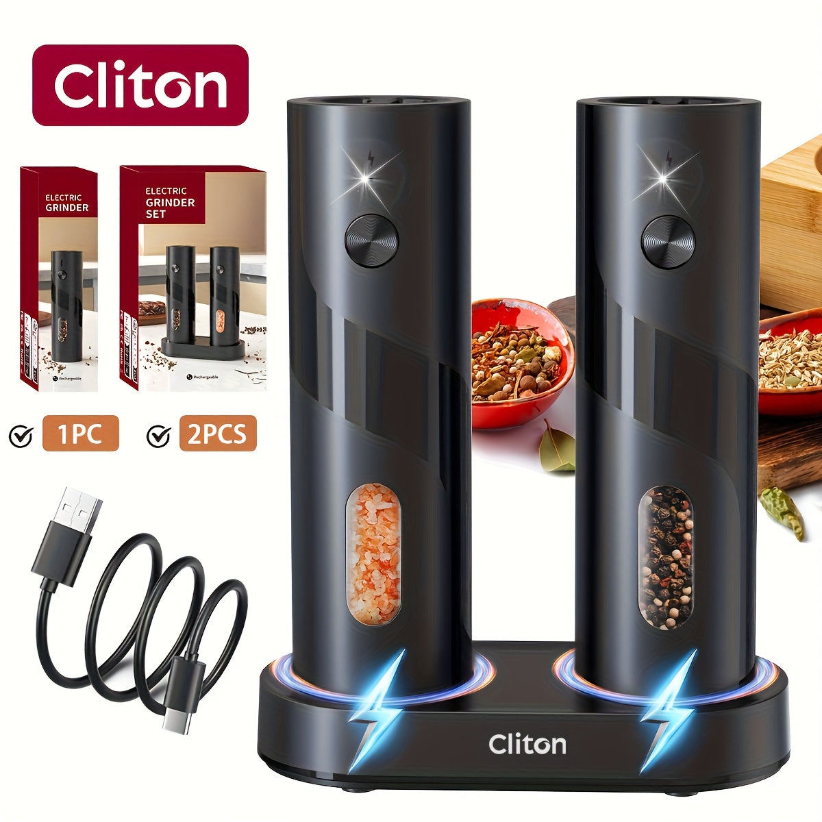 Moinho Elétrico de Sal e Pimenta USB com Luz LED