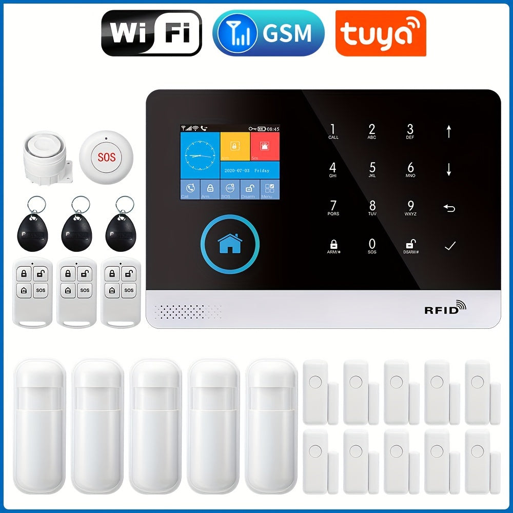WiFi + GSM Auto-dial Smart Home Security Alarm System 433MHz LCD Display Alarm Panel Door Window Sensor PIR Motion Sensor Kit APP Remote Control Compatible With Alexa Google Home