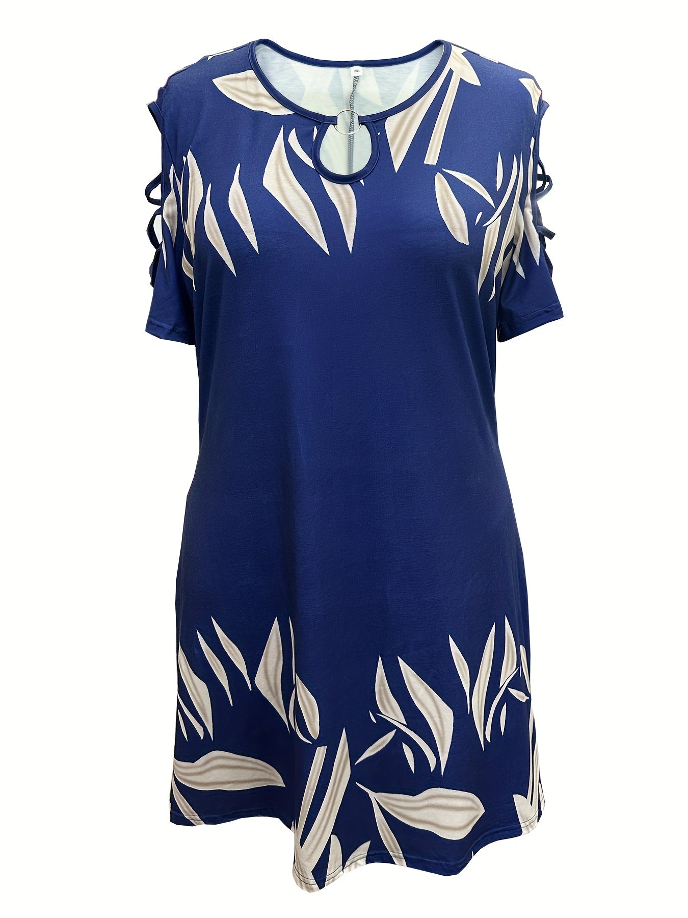 Plus Size Casual Dress, Women's Plus Leaf Print Ring Decor Cut Out Sleeve Round Neck High Stretch Keyhole Front Dress