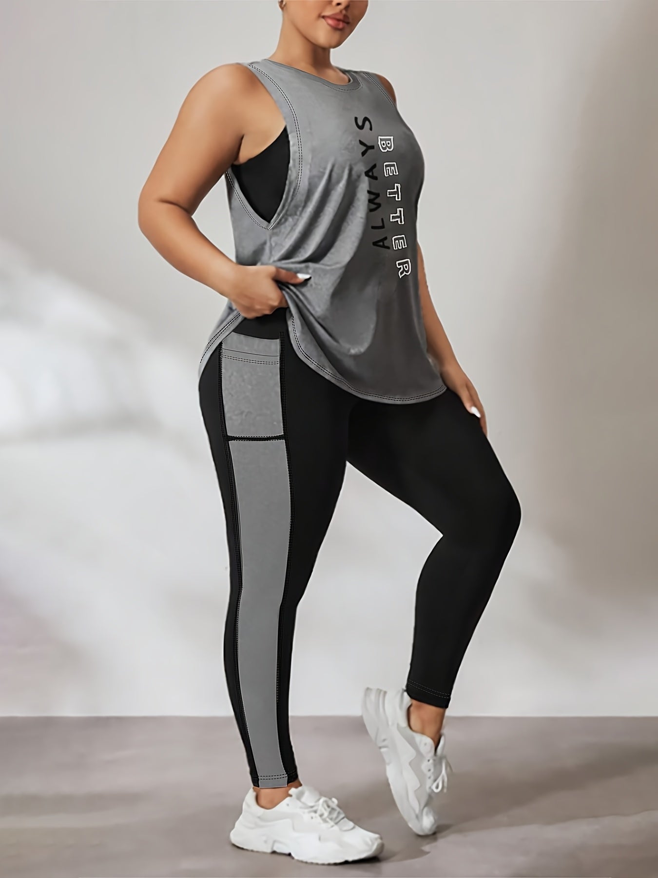 Plus Size Women's High Elasticity New Fashion Casual Letter Print Loose Sleeveless Vest and Tight-Fit Sports Yoga Pants Two-Piece Set