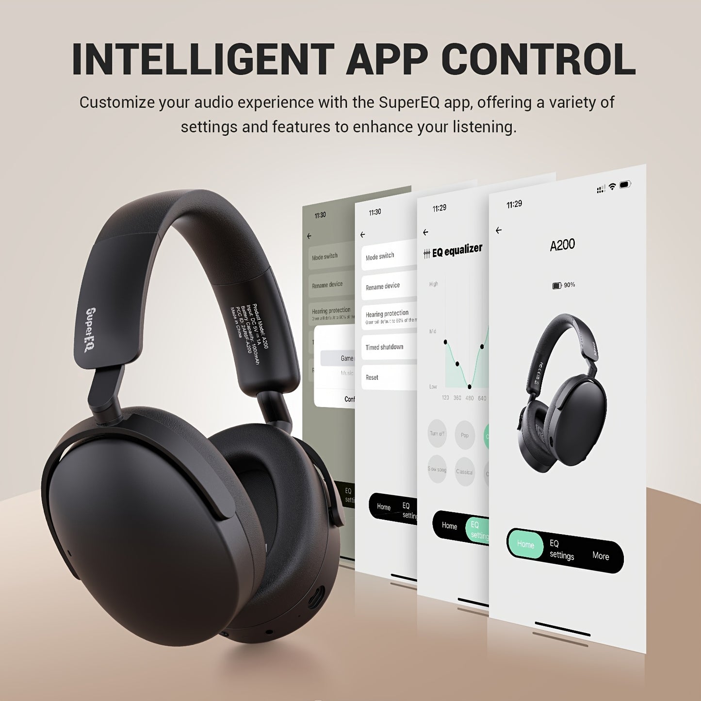 SuperEQ A200 Wireless Wireless 5.4 Headphones Hybrid Active Noise Canceling Over Ear Headset Hi-Res Audio 6-Mic AI ENC 100hrs Playtime APP Control