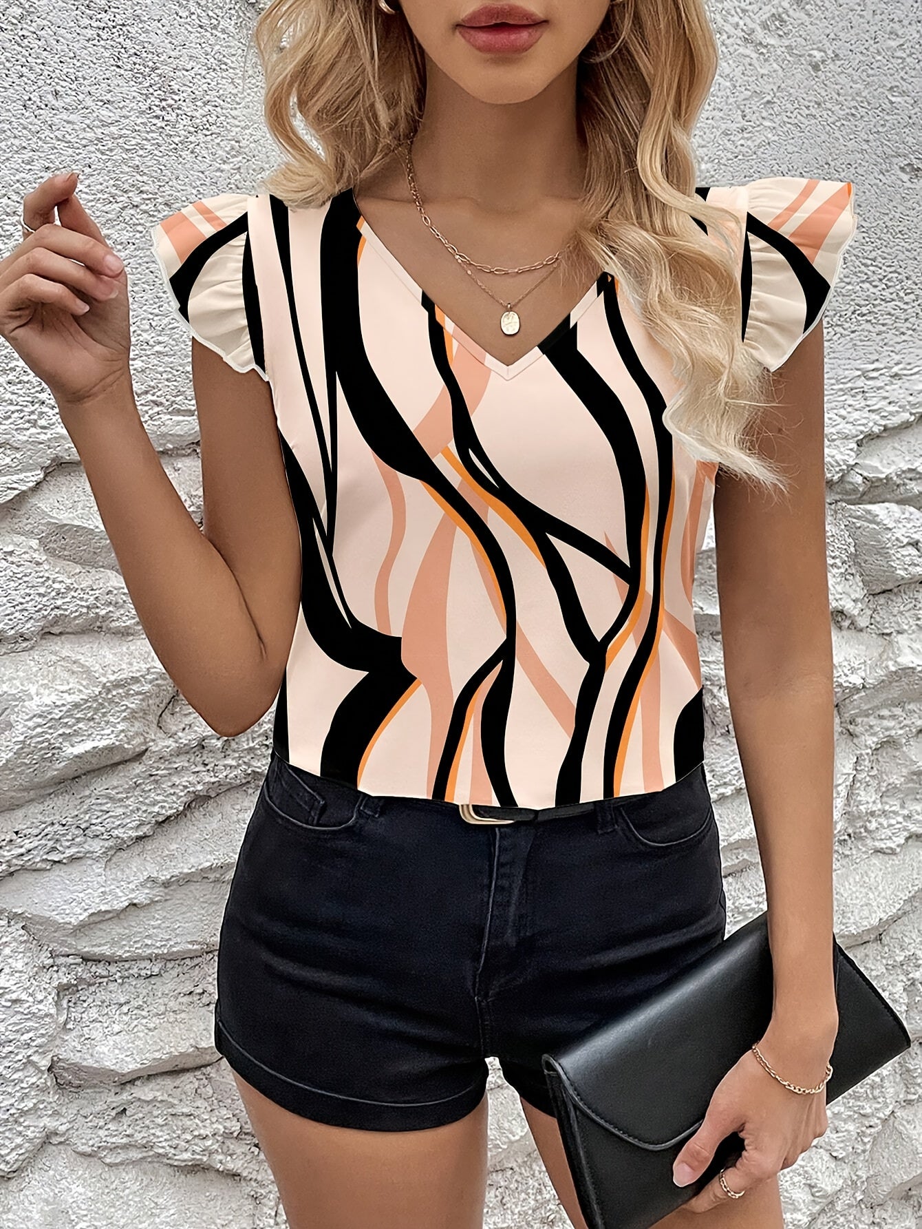 Striped V-neck Blouse, Elegant Flutter Sleeve Blouse Top For Spring & Summer, Women's Clothing