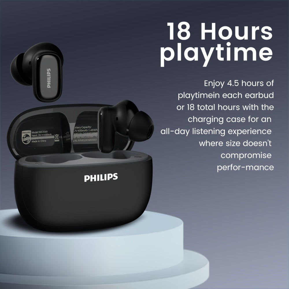 New Philips BT13.72 cm-Ear Earphones with Wireless Charging Case, 24Hour Playtime/Game Modes/Built-in Mic/Touch Control for Gaming, Running, Cycling TAT2569
