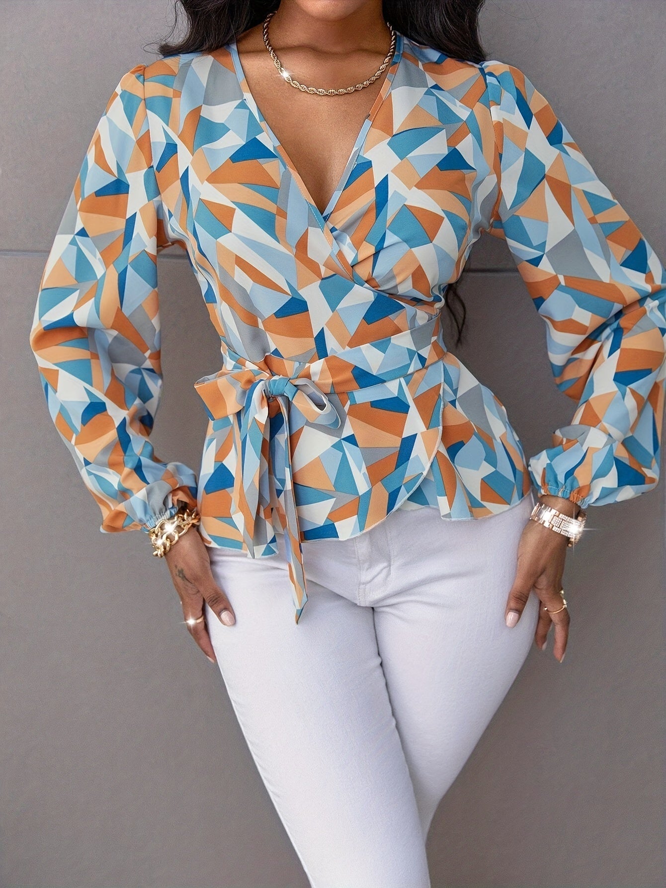 Chic Geometric Print Blouse with Tie Waist - Deep V-Neck, Long Sleeve, Polyester, Machine Washable - Ideal for Spring/Summer/Fall Fashion