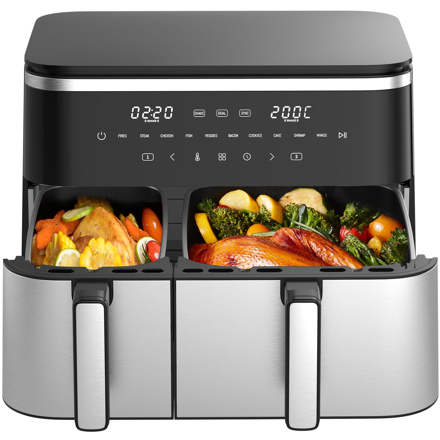 Iceagle XXL Hot Air Fryer, 2600W, 11L Dual-Zone Air Fryer with 2 Independent Chambers, 2-Sized Baskets, 10 Preset Programs, Timer, Digital Control Panel, and Recipe Guide