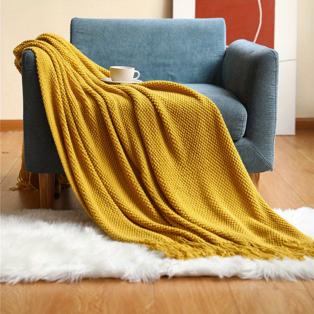 1pc Throw Blanket with Tassels, Bubble Textured Lightweight Throw Blanket for Couch Bed Sofa Home Decor