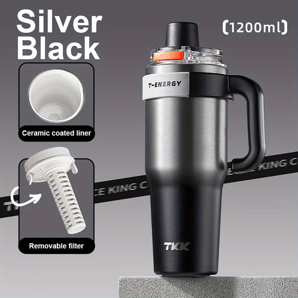 800ml/1200ml Large Capacity Ceramic Coating Liner Stainless Steel Cup Vacuum Keep Warm Cold Mug Cup with Straw Lid Handle for Coffee Coke Carbonated Beverages Ice Leakproof for School Office Outdoor Yoga sports, Travel Coffee