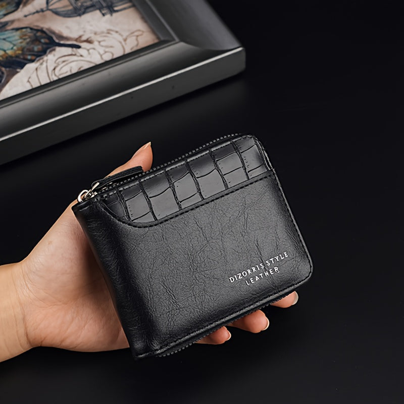 Luxury PU Leather Men's Wallet with RFID Blocking Technology, Zipper Closure & Multi-Compartment Design - Brown/Tan Crocodile Texture, Golden-Tone Hardware, Coin Pocket & Card Holder - Elegant Gift for Men, Durable Everyday W