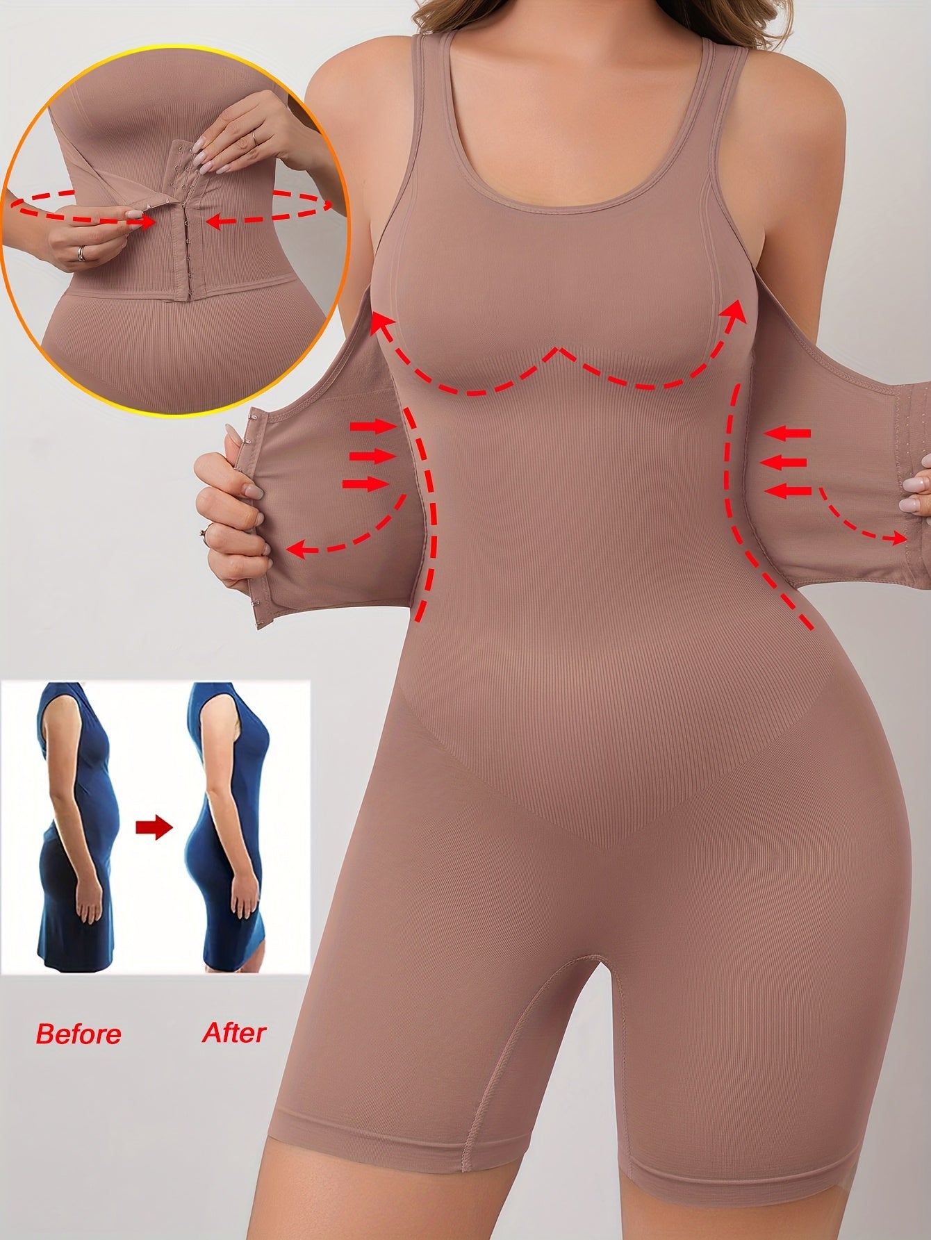 Women'S High Support Bodysuit - Seamless Double-Layer Pressed Lift & Tummy Control, Adjustable Waist with Front Closure, Non-Padded Design for Postpartum, Weight, Postpartum Shapewear, Postpartum Wear, Seamless Construction