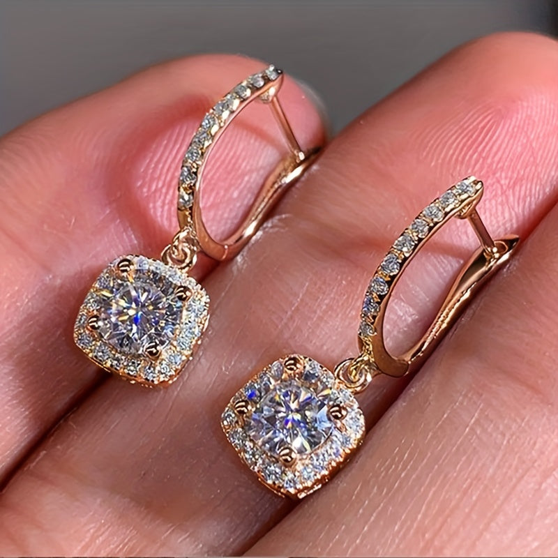 Sterling 925 Silver Ear Jewelry Square Shape Shiny zirconia Decor Dangle Earrings Luxury Style Banquet Party Ear Ornaments