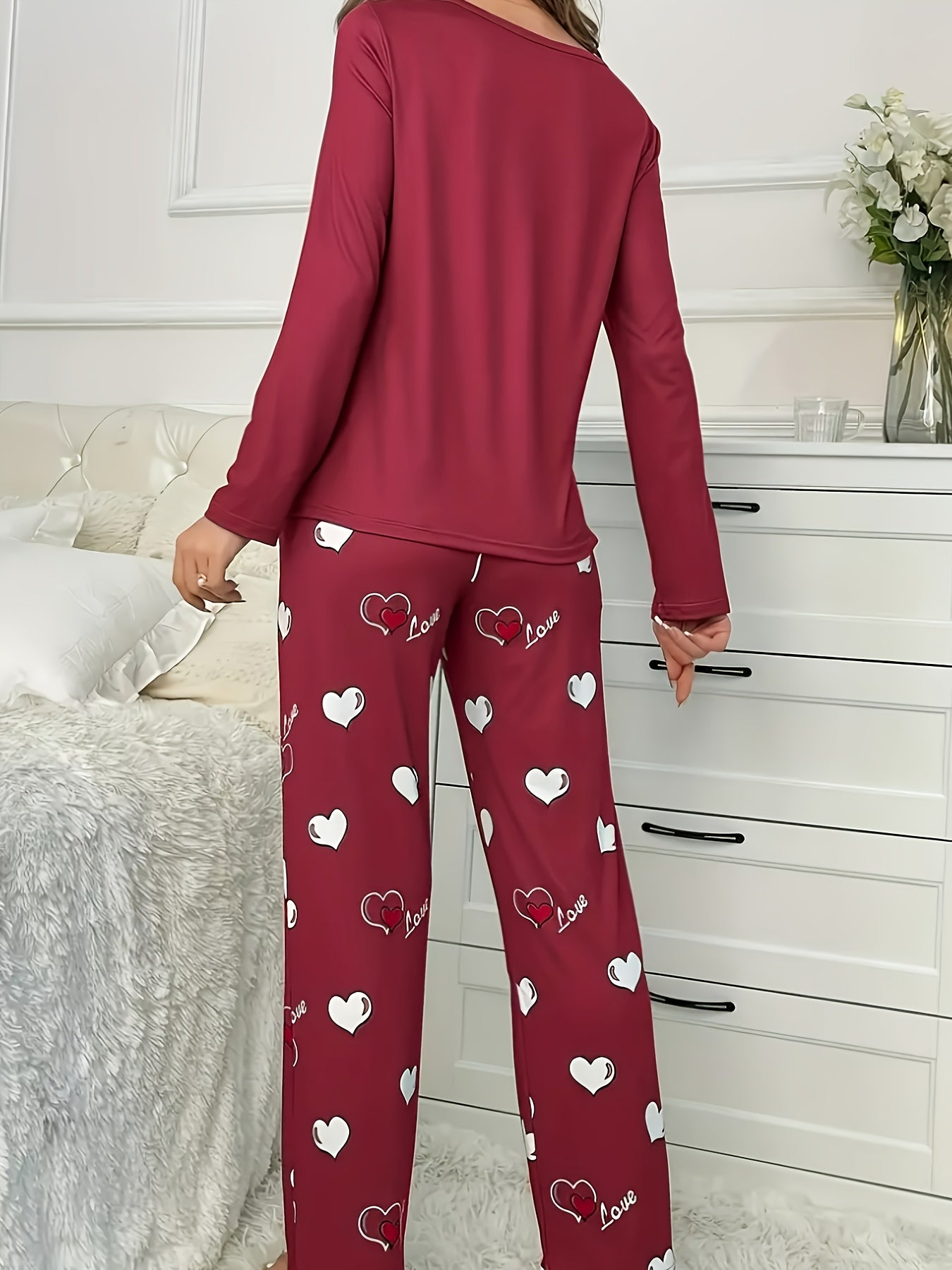 Plus Size Casual Heart Print Round Neck Long Sleeve Pantsuit