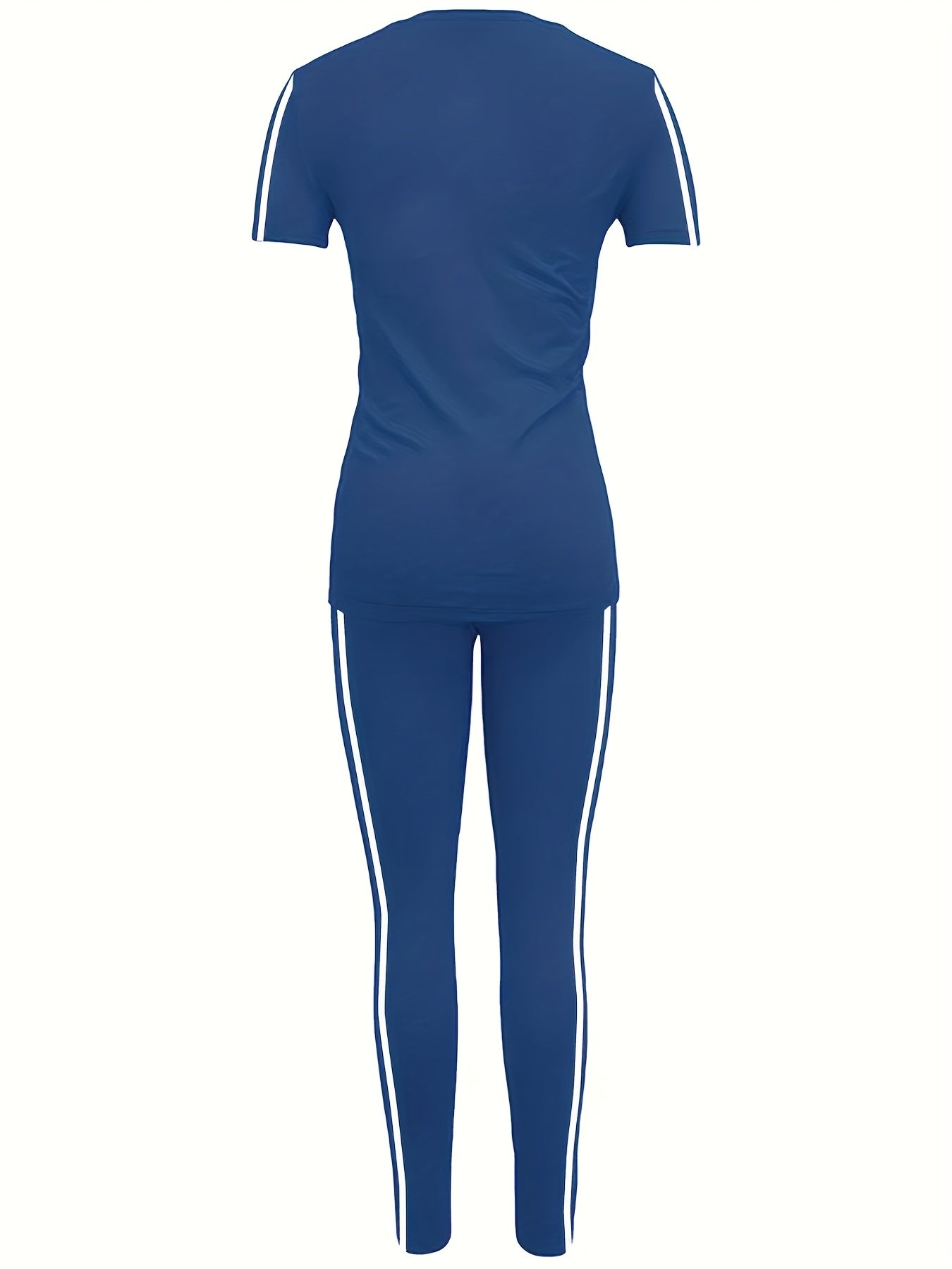 Women'S Casual Fashion Outdoor Sports Set, Double-Sided Striped Round Neck Short Sleeve Long Pants Two-Piece, Women'S Jogging Suit, Solid Color, Medium Stretch, Regular Sleeve, Crew Neck, Side Stripe, Pullover, Spring/Summer/