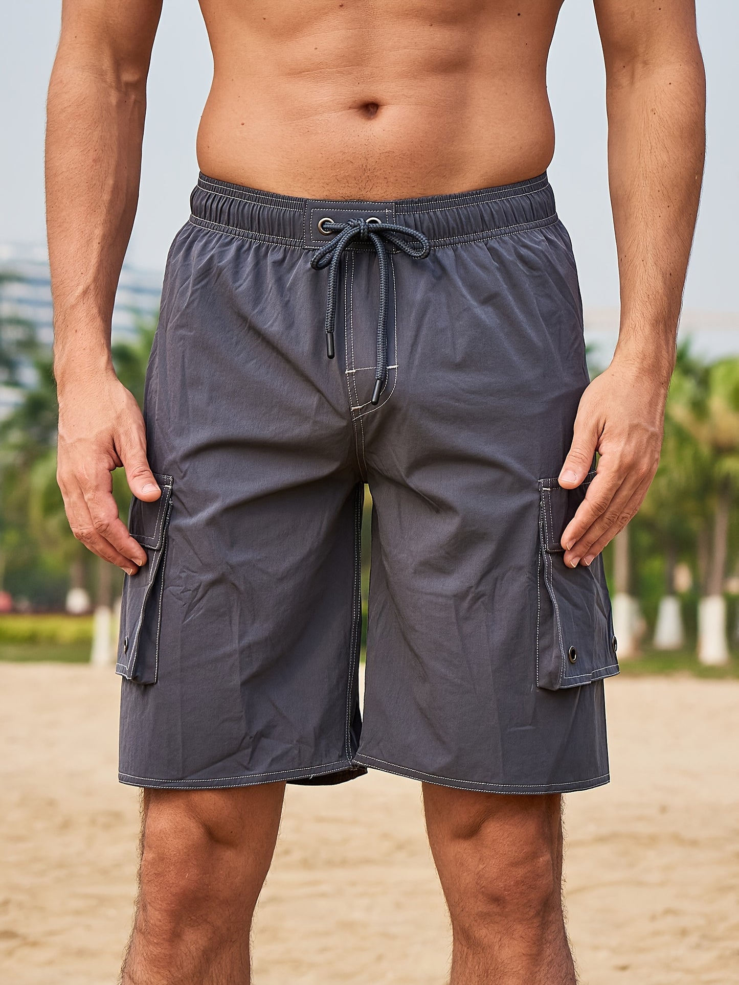 Men'S Big & Tall Quick-Dry Swim Trunks - Olive Green Beach Shorts with Adjustable Drawstring, Pockets, and Durable Polyester Fabric for Summer, Summer Swimwear | Adjustable Drawstring Shorts | Quickdry Material, Bathing Suits