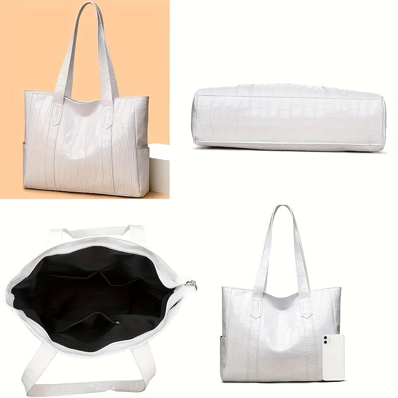 Stylish White Crocodile-Textured Tote Bag with Golden-Tone Hardware - Large Capacity, Durable, Perfect for Commuting, Shopping, and Travel, Travel Tote Bag | Elegant Tote Bag | Durable Tote