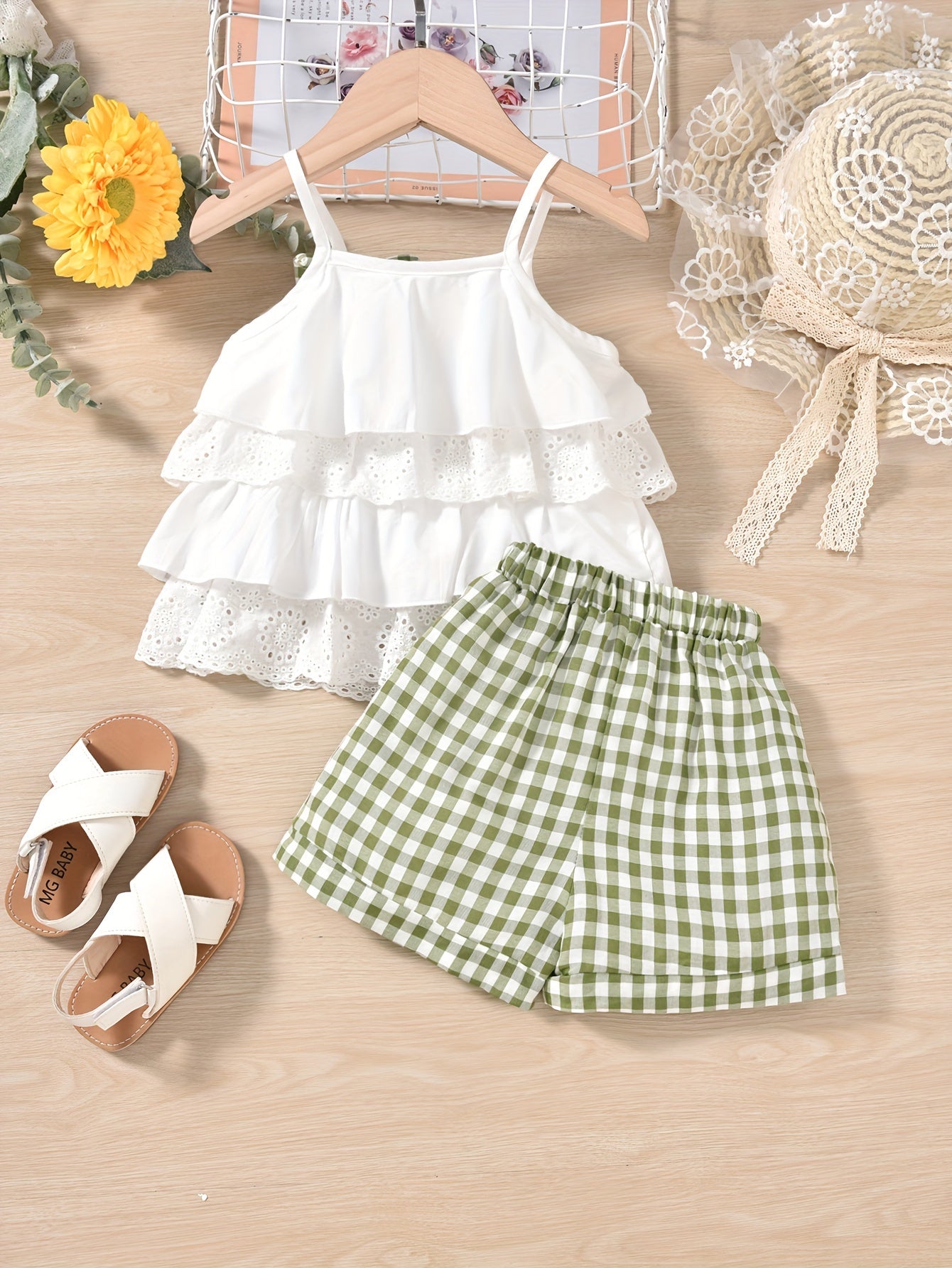 Cute Ruffle Lace Top & Check Shorts Two-Piece Set - White Blouse with Yellow Bow, Yellow & White Gingham Shorts, Perfect for Spring/Summer, Casual Playwear|Ruffle Detail Top|Nonstretch Fabric, for Outdoor