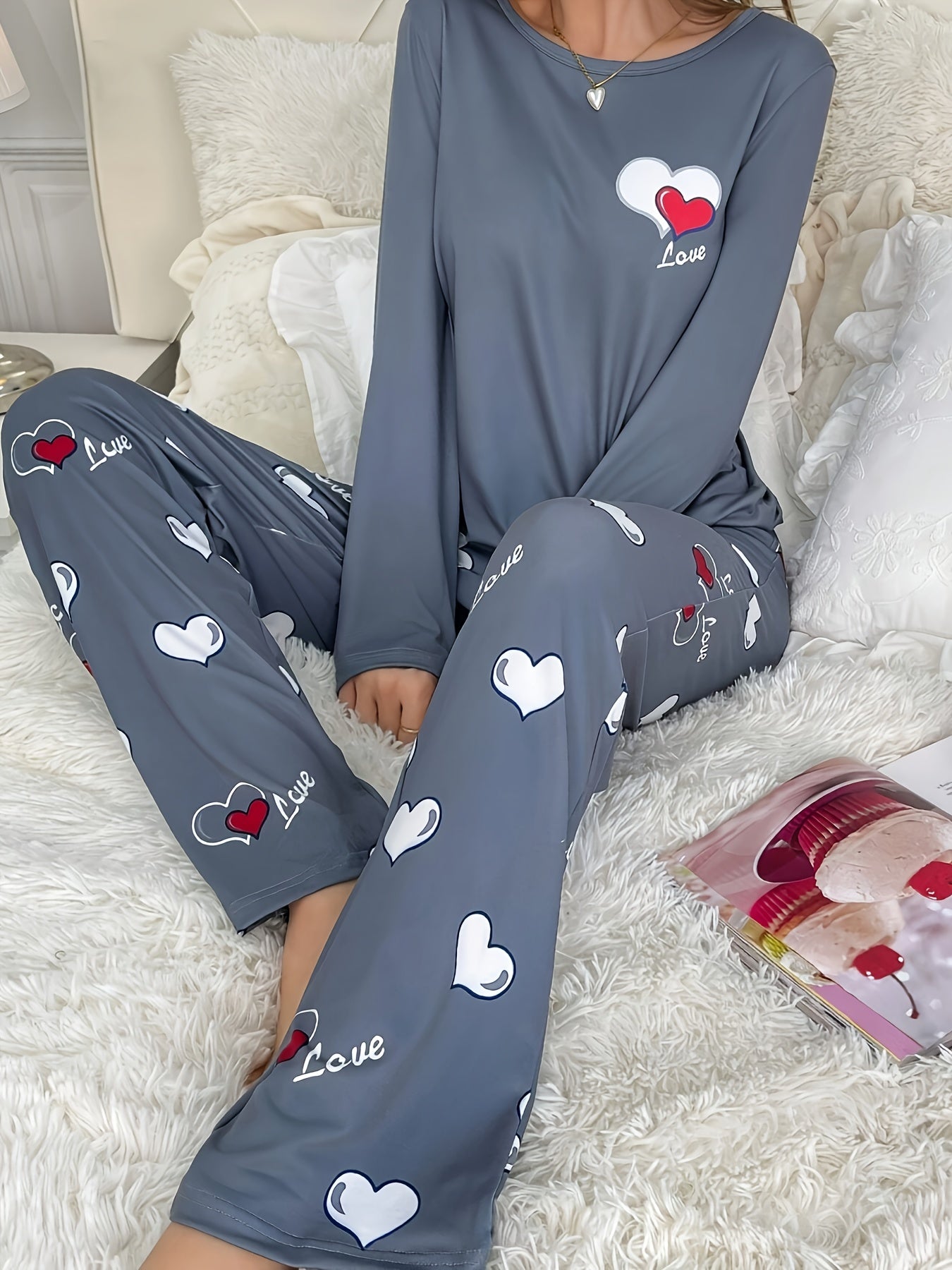 Plus Size Casual Heart Print Round Neck Long Sleeve Pantsuit