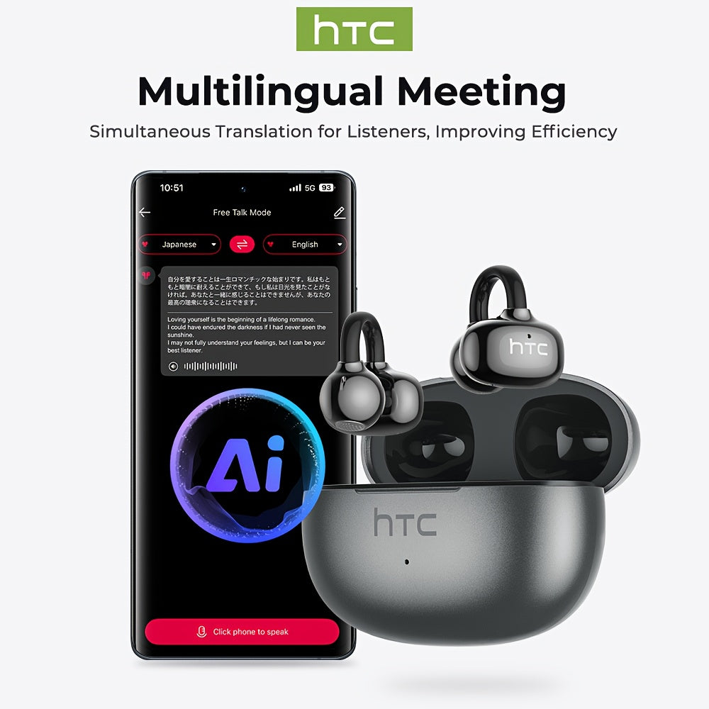 1pc HTC NE55 AI Translation Earbuds Real-time Translation Headphones OWS Open-Ear Wireless Headphones, Latest BT V6.0, Noise Reduction Clear Call, 6.5 Hours Music Long Battery Life, Big speaker Big Volume, Wired Headphones, H