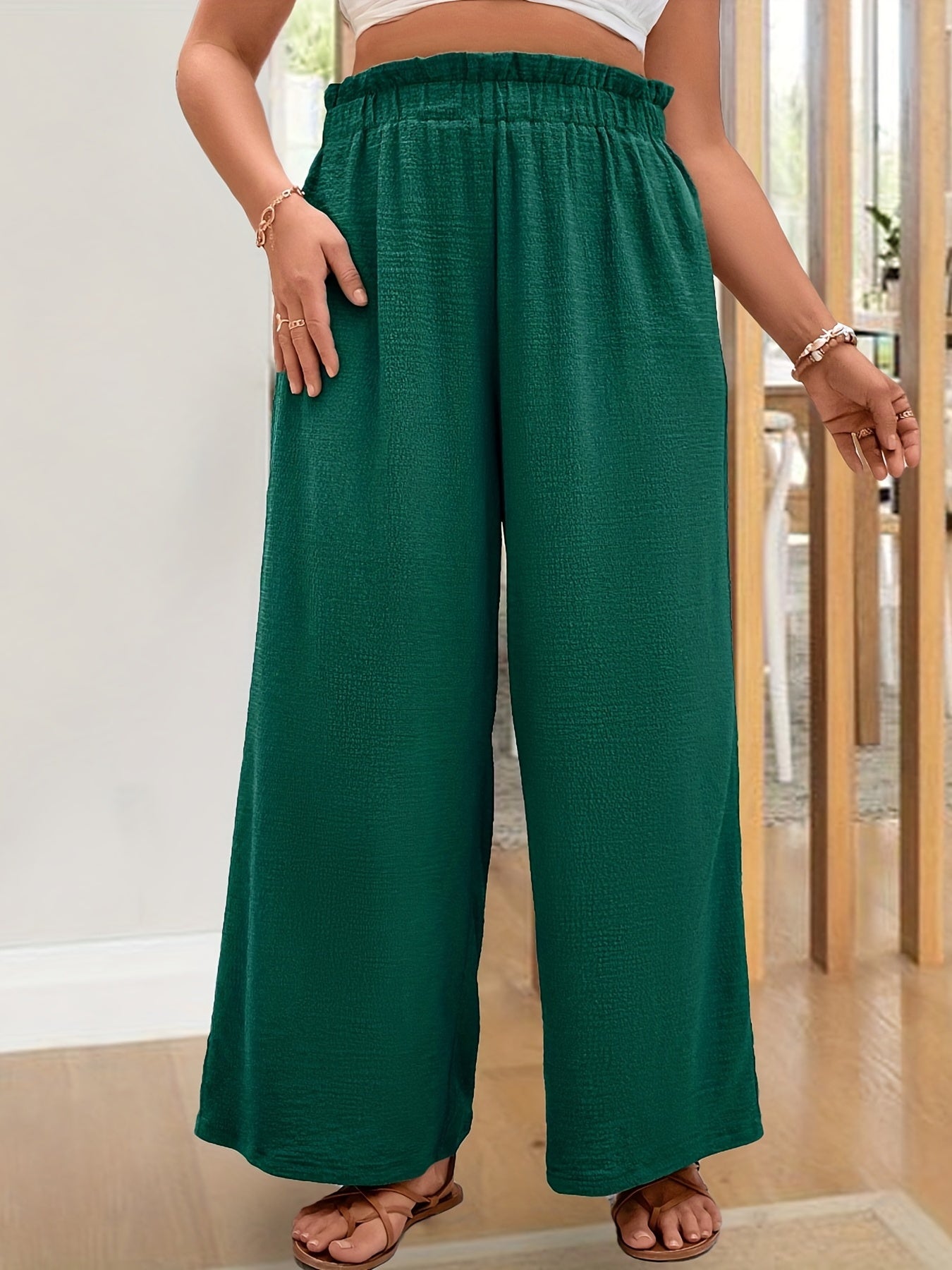 Plus Size Casual Pants, Women's Plus Plain High Rise Elastic Medium Stretch Wide Leg Pants