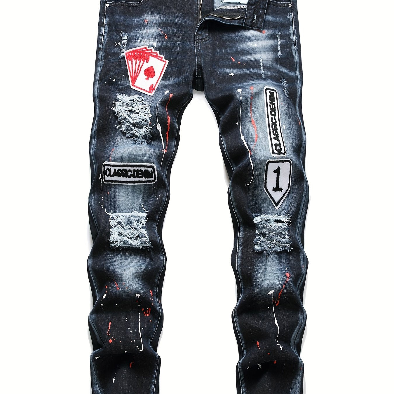 Patch Splatter Ripped Jeans, Men's Casual Street Style Distressed Slim Fit High Stretch Denim Pants For Spring Summer