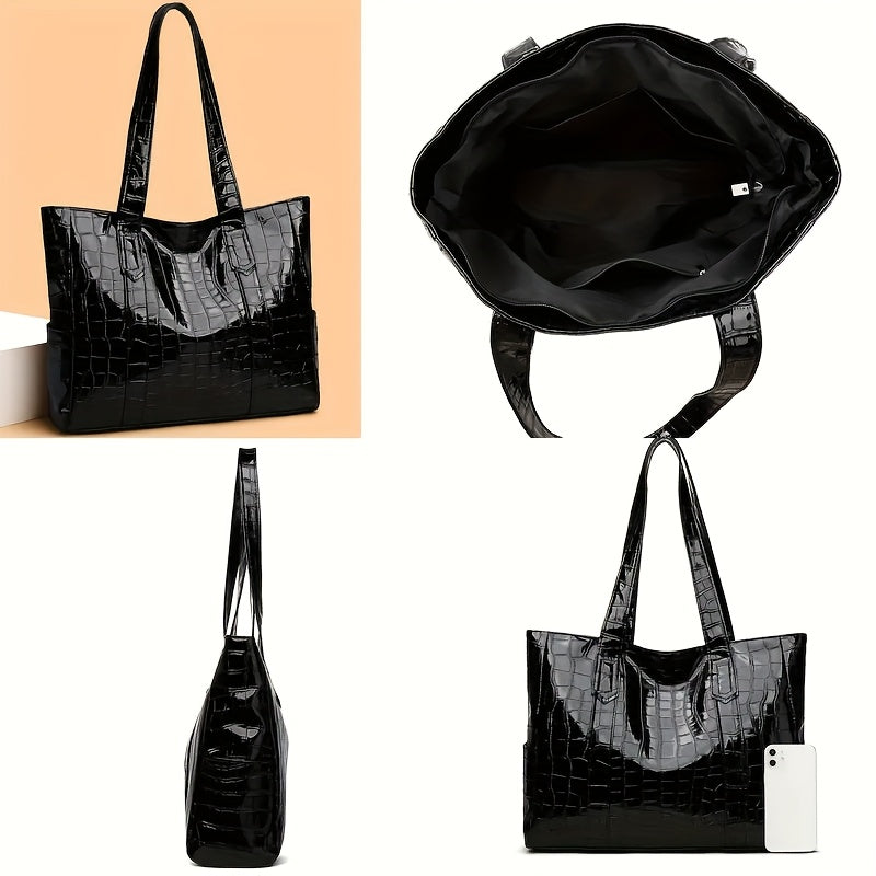 Stylish White Crocodile-Textured Tote Bag with Golden-Tone Hardware - Large Capacity, Durable, Perfect for Commuting, Shopping, and Travel, Travel Tote Bag | Elegant Tote Bag | Durable Tote