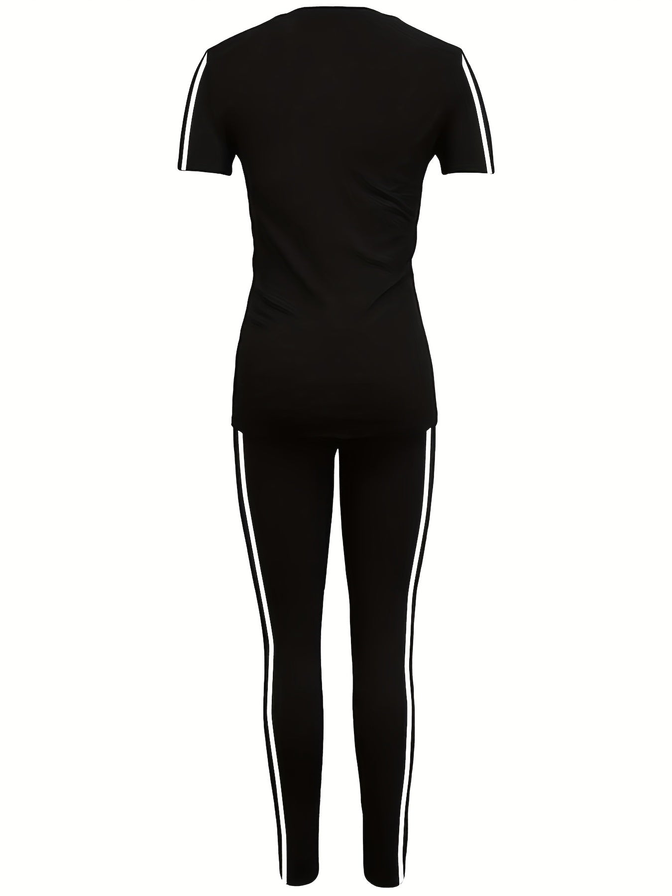 Women'S Casual Fashion Outdoor Sports Set, Double-Sided Striped Round Neck Short Sleeve Long Pants Two-Piece, Women'S Jogging Suit, Solid Color, Medium Stretch, Regular Sleeve, Crew Neck, Side Stripe, Pullover, Spring/Summer/
