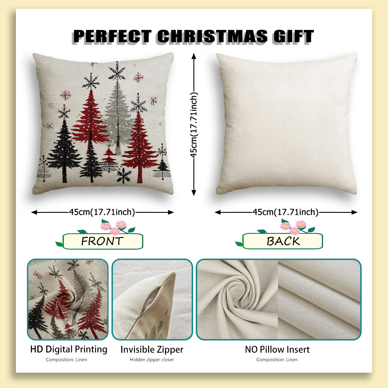 2pcs Christmas Winter Tree Throw Covers, Minimalist Beige Background with Snowflake Design, 40.64x45.72 cm Single-Sided Printed Holiday Decor for Sofa, Living Room & Bedroom (No Insert), Christmas Throw Pillows, Pink And Whit