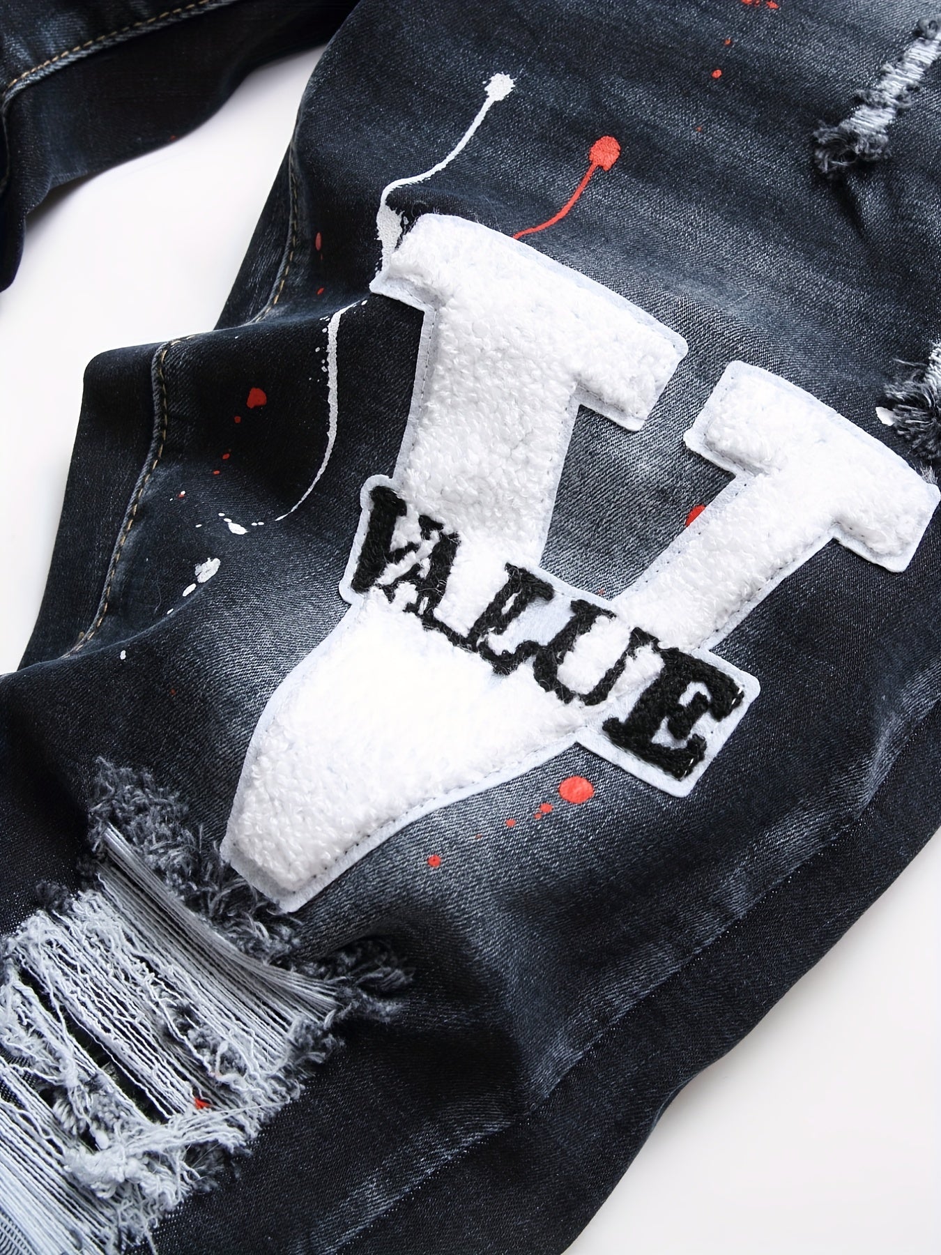 Patch Splatter Ripped Jeans, Men's Casual Street Style Distressed Slim Fit High Stretch Denim Pants For Spring Summer