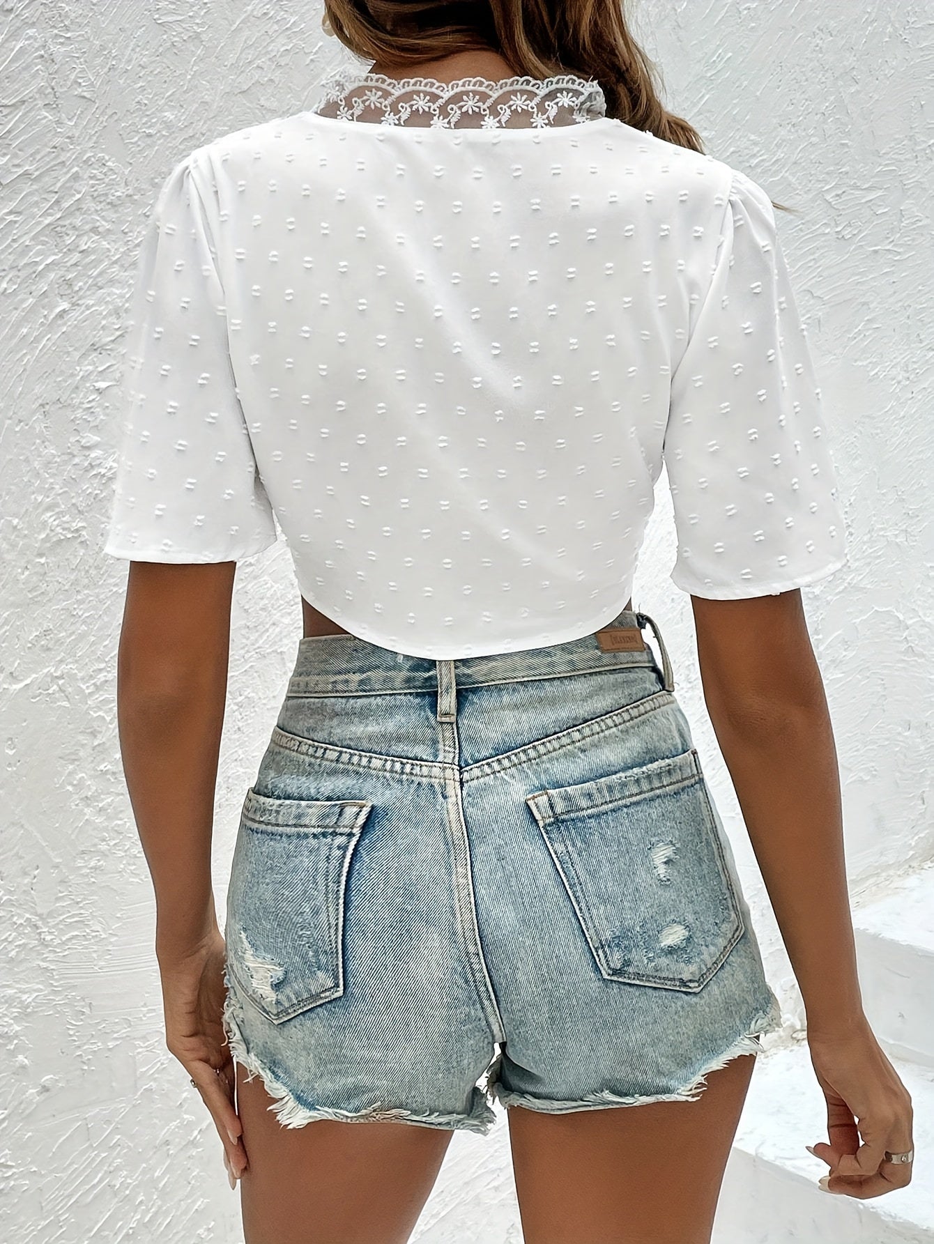 Swiss Dot Lace Trim Crop Blouse, Vacation Style Short Sleeve V-neck Blouse For Spring & Summer, Women's Clothing