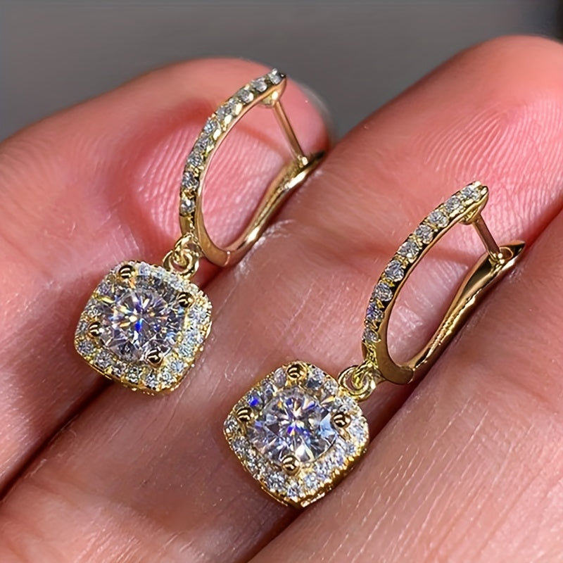Sterling 925 Silver Ear Jewelry Square Shape Shiny zirconia Decor Dangle Earrings Luxury Style Banquet Party Ear Ornaments