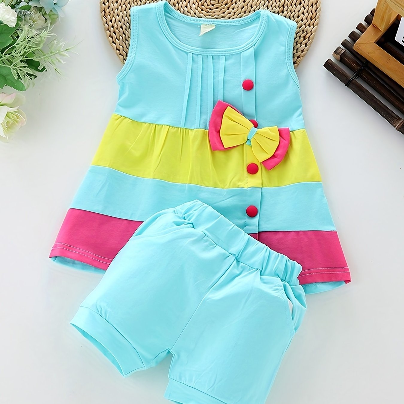 Stylish Color Block Outfit - Cute Bow Puffy Hem Vest & Pocket Shorts Two-piece Set Toddler Baby Clothes Outdoor Clothes Outdoor Suit
