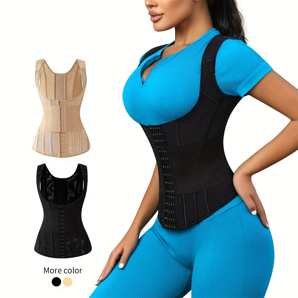Polyamide Women's Waist Trainer Corset - Back Support with Dual Waist Straps, Adjustable Shoulder Straps, Hard Control Knit Fabric Cincher, Breathable with Steel Frame Support, 72.7% Polyamide 27.3% Elastane, Washable - 1 Pc