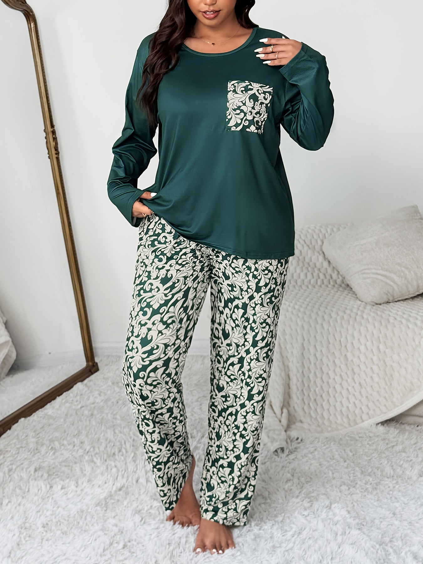 Plus Size Pocket Round Neck Long Sleeve Top and Geometric Floral Print Pants 2pcs Comfortable Casual Pajama Set